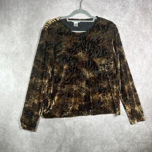 Laura Ashley Top Womens Medium Brown Black Animal‎ Print Burnout Velvet Witchy